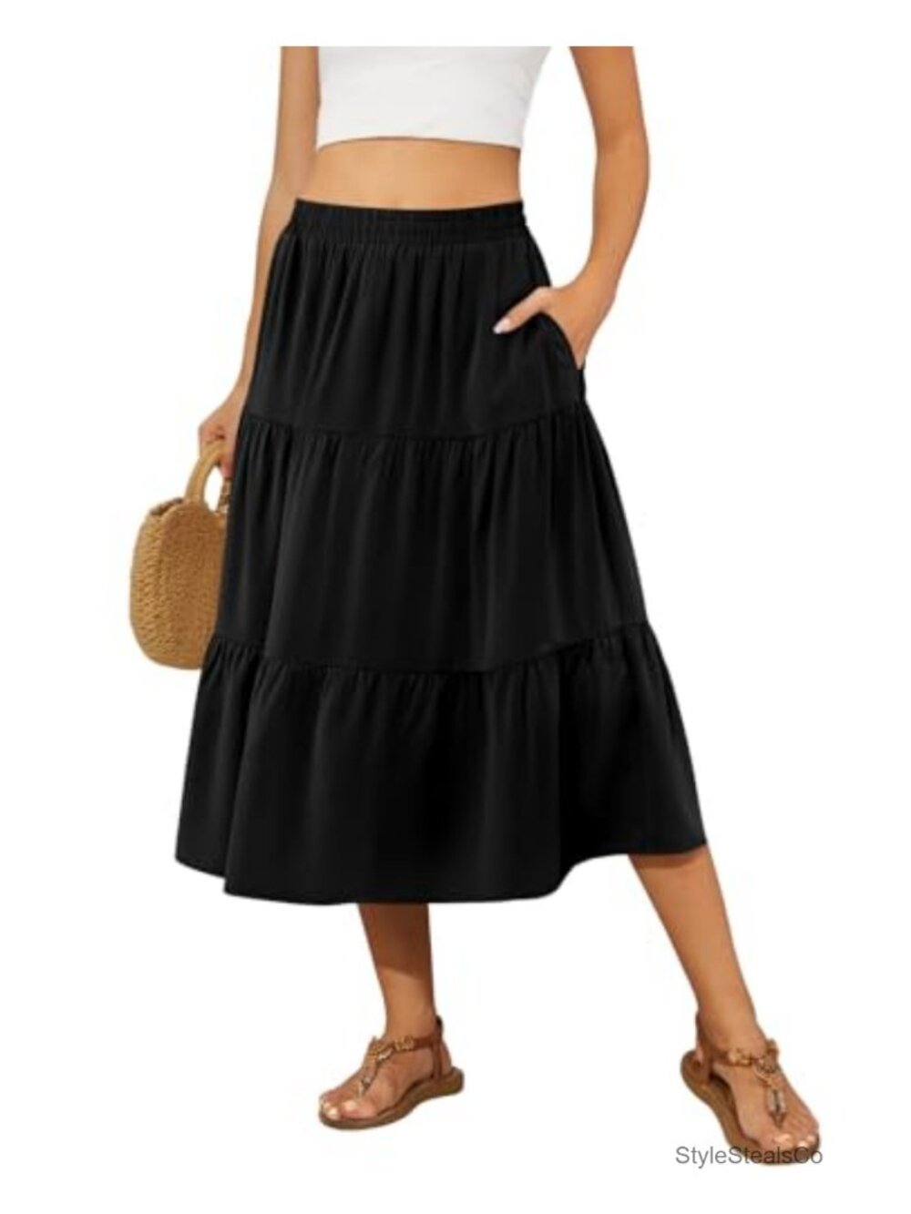 Women's Midi Skirt Flowy Tiered A-Line High Waist with Pockets